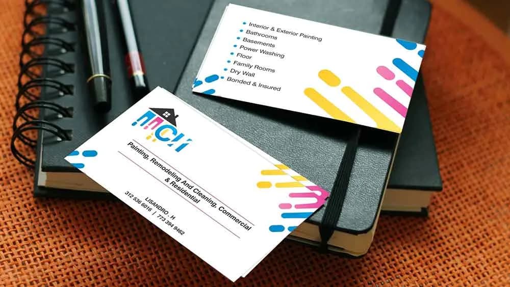 Business cards carrying the MCH logo and a list of painting services, logo design concept by iMad