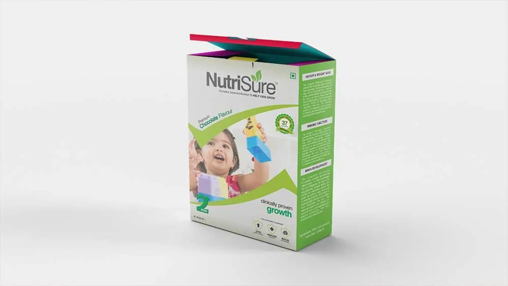 Green Nutrisure box with a photo of a child playing with blocks, packaging design concept by iMad
