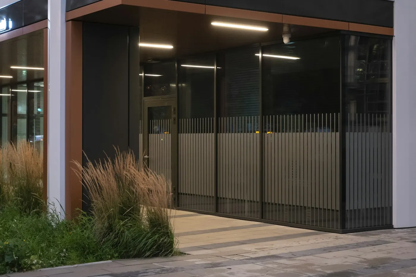 Modern building entrance with a glass front, lit interior and planting outside, where indoor and outdoor signage meet