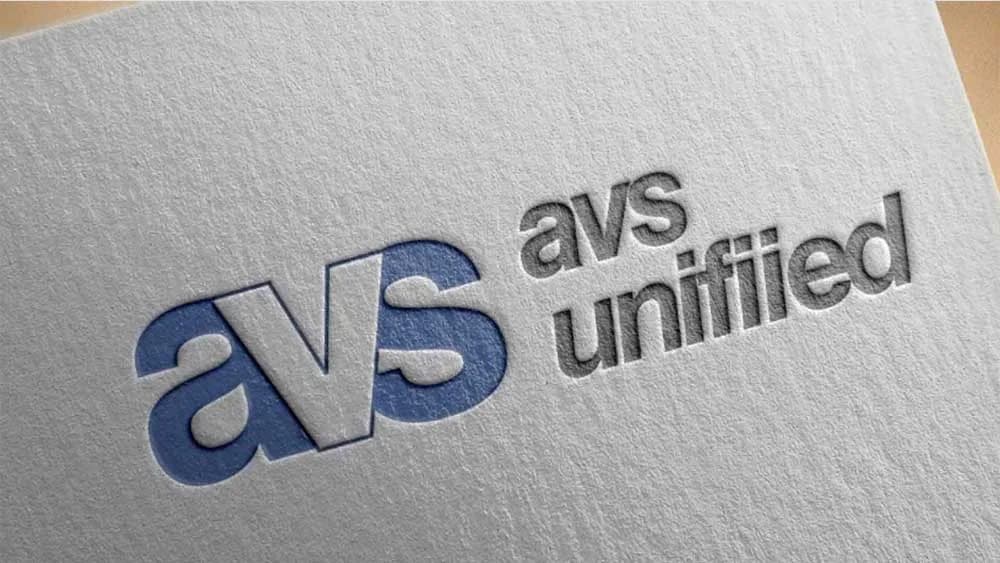 AVS Unifiied logo in blue and grey, embossed on textured paper, logo design concept by iMad