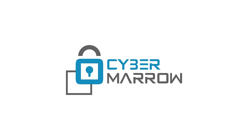 Cyber Marron logo with a blue padlock symbol on a white background, logo design concept by iMad