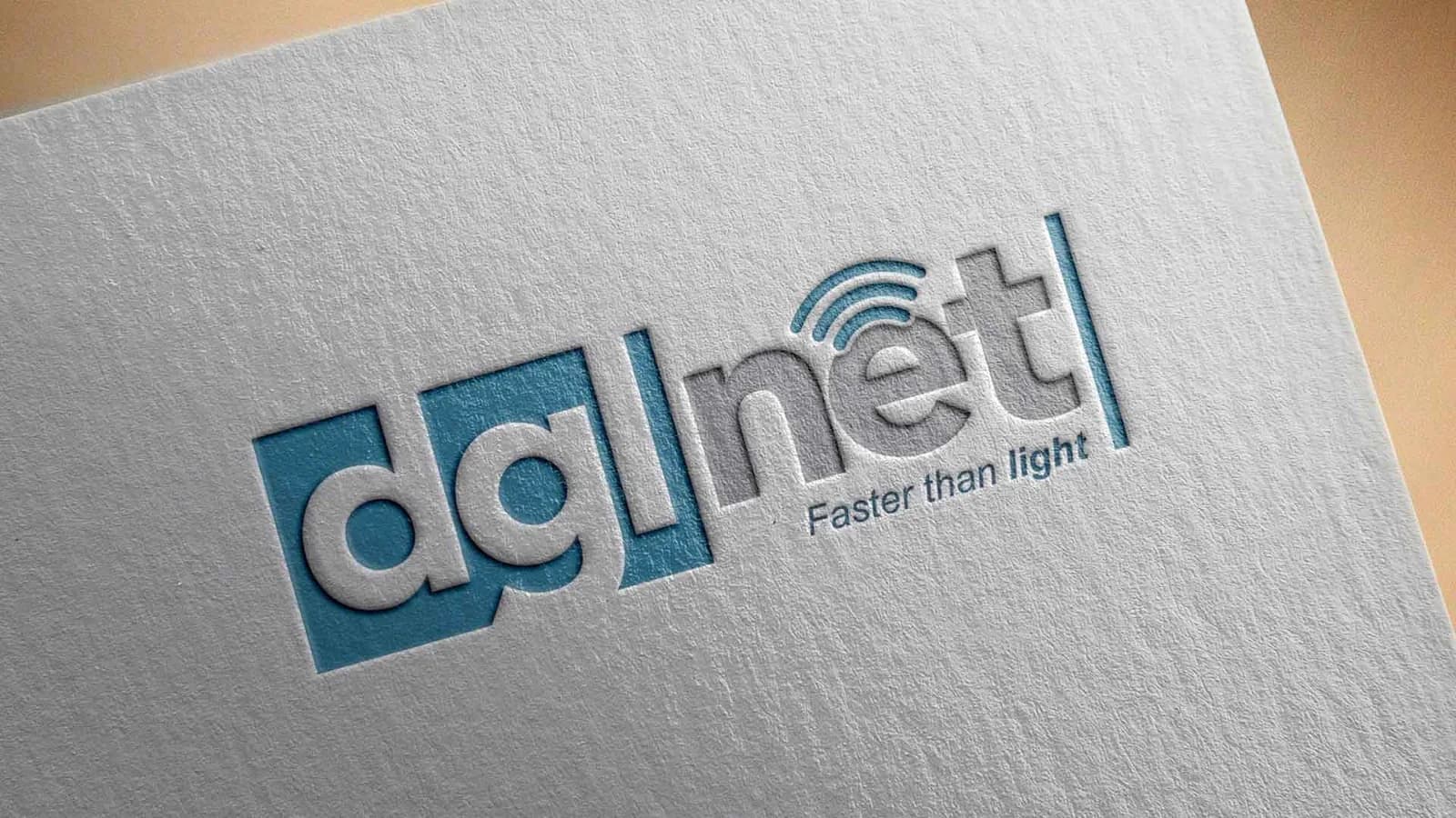 DGL Net logo with a wifi signal symbol and the line Faster than light, embossed on textured paper, logo design concept by iMad