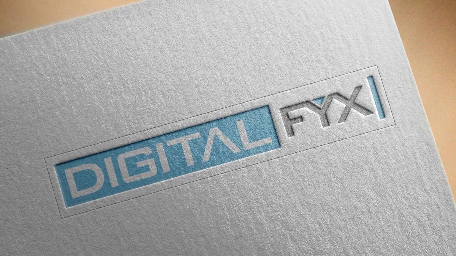Digital Fyx logo in blue and grey, embossed on textured paper, logo design concept by iMad