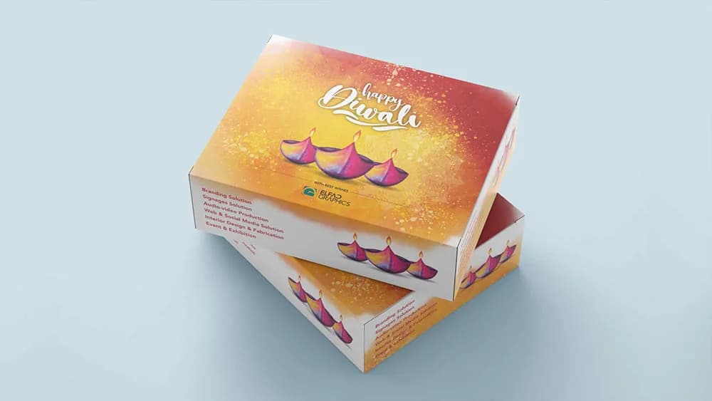 Orange festive gift box with a lamp pattern, packaging design concept by iMad