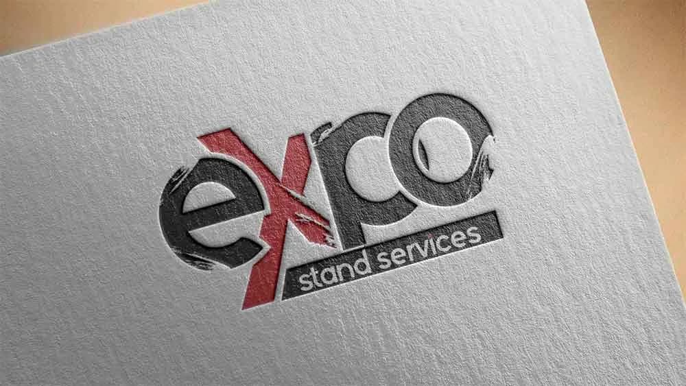 Expo Stand Services logo in red and grey, embossed on textured paper, logo design concept by iMad