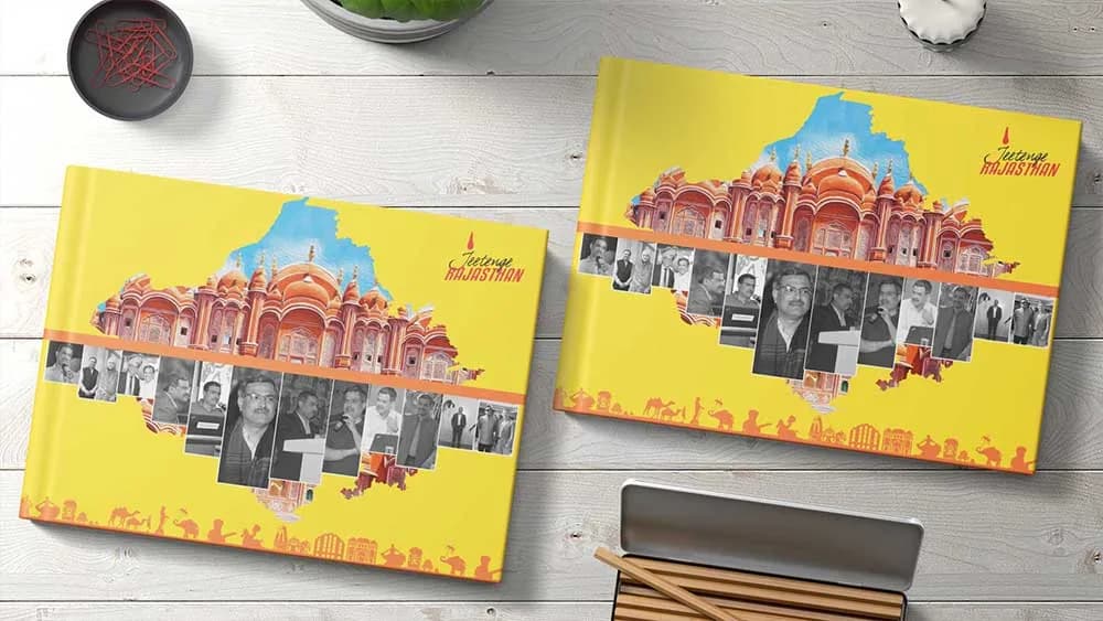 Two yellow landscape book covers with an illustrated Jaipur building and portrait photographs, book cover design concept by iMad