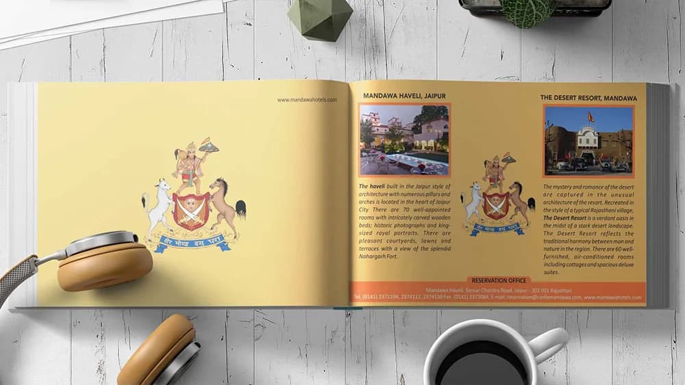 Open Mandawa Hotels brochure spread with a crest and property photographs on a yellow page, brochure design concept by iMad