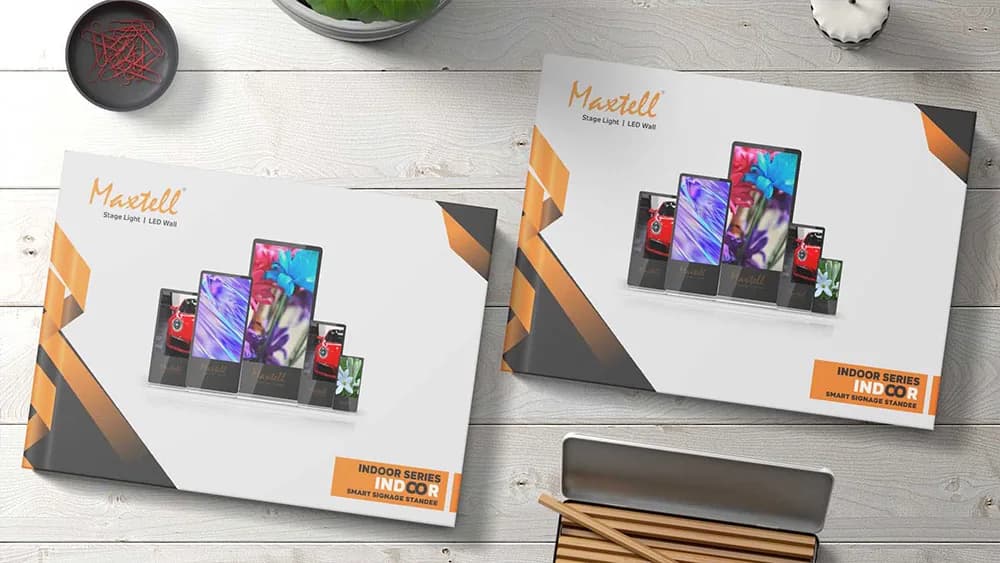 Two Maxtell landscape covers in orange and grey showing a row of devices, book cover design concept by iMad