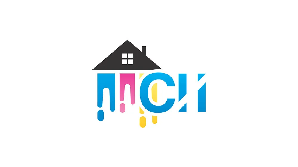MCH logo with a house outline above coloured paint drips on a white background, logo design concept by iMad