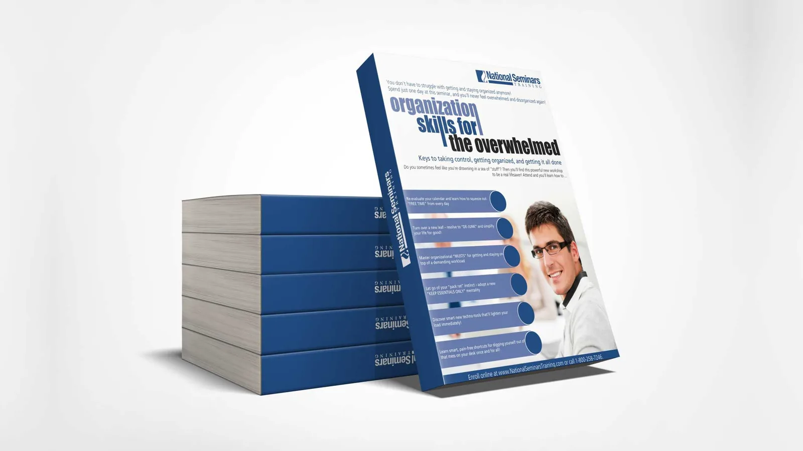 Stack of blue training books with a cover about organisation skills, book cover design concept by iMad