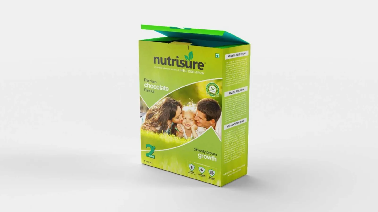 Green Nutrisure cereal box with a photo of a family, packaging design concept by iMad