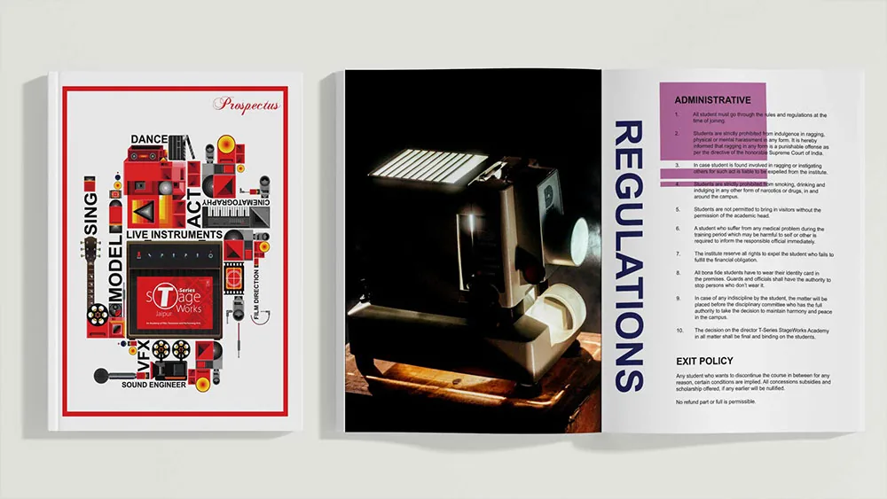 Open prospectus with an illustrated red cover on the left and a Regulations page on the right, book cover design concept by iMad