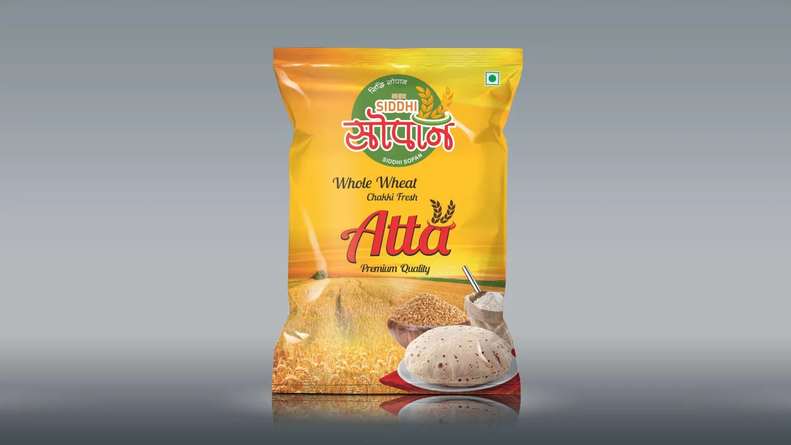 Orange Siddhi Sopan whole wheat atta pouch, packaging design concept by iMad