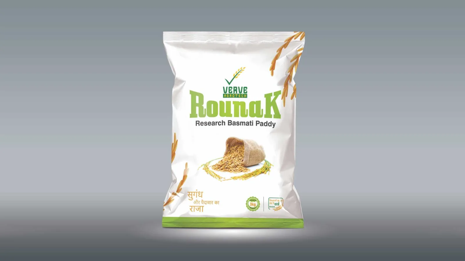 Verve Agrotech basmati paddy seed pack with a green and white design, packaging design concept by iMad